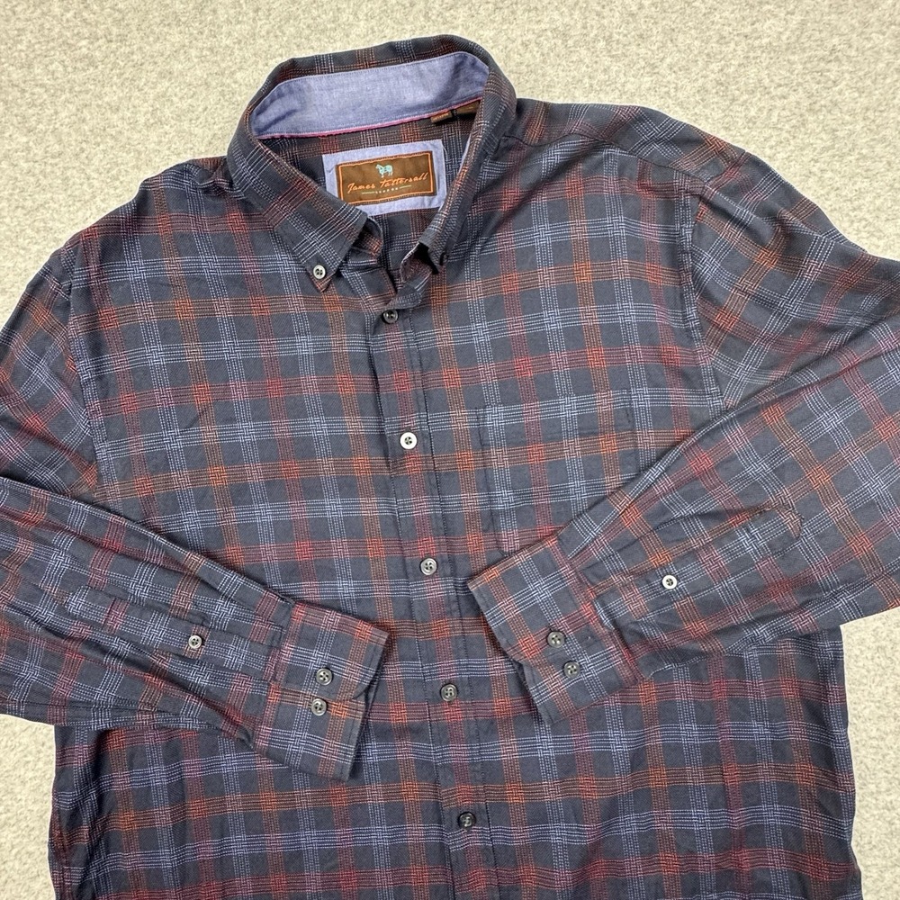 James Tattersall‎ London Woven Button Down Shirt Mens XL Cotton Navy Scarlett